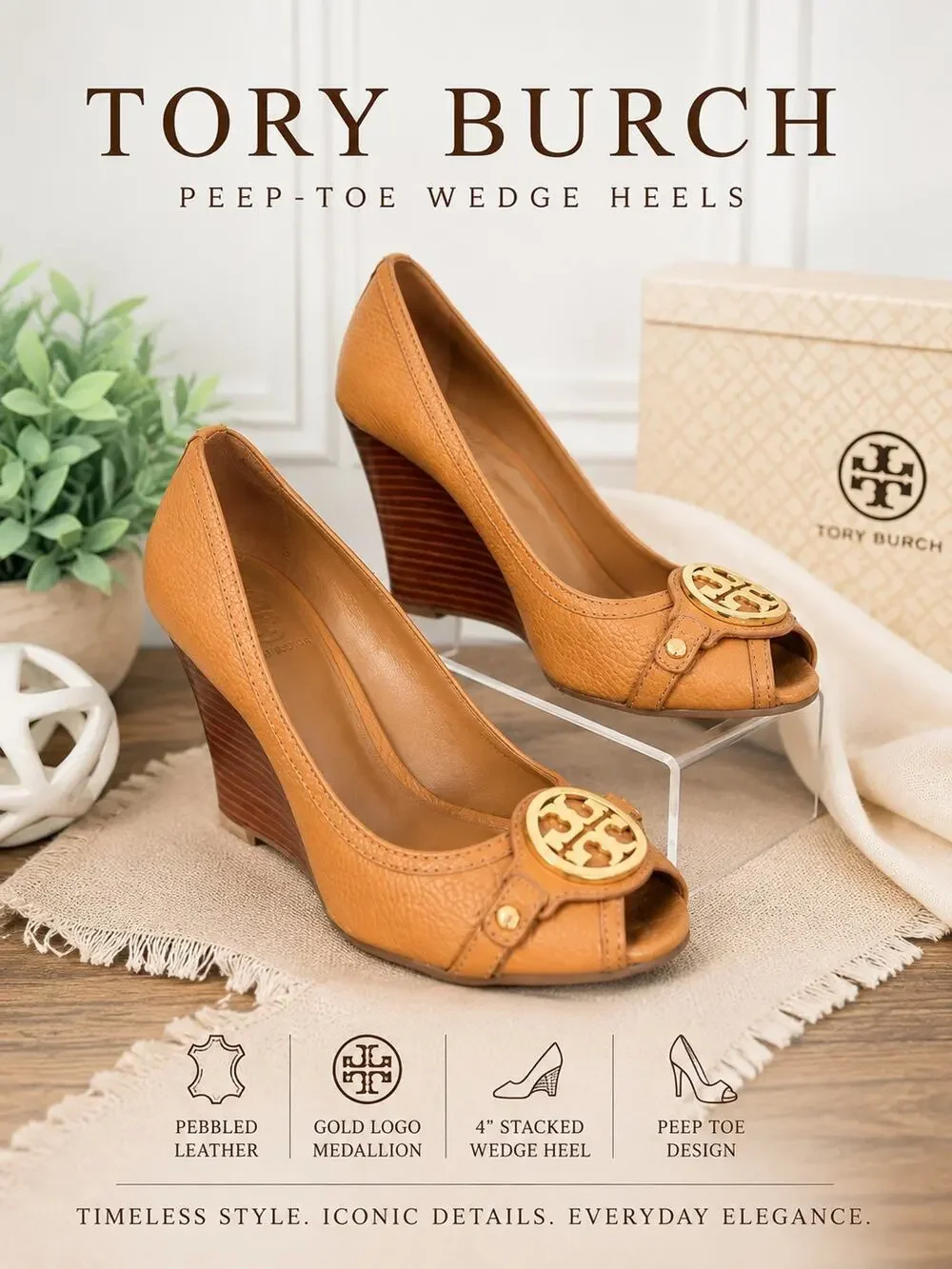 Tory Burch Logo Peep Toe Wedge Heels Tan Pebbled Leather Gold Medallion Size 8
